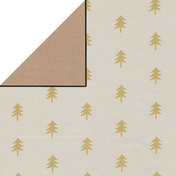 Geschenkpapier, goldene Weihnachtsbäume auf weißem Hintergrund aus braun gestreiftem Recyclingpapier.
 