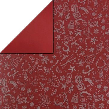 Geschenkpapier rot mit Weihnachtsikonen in silber auf der Rückseite einfarbig rot auf Naturbraunes geripptes Papier.
 